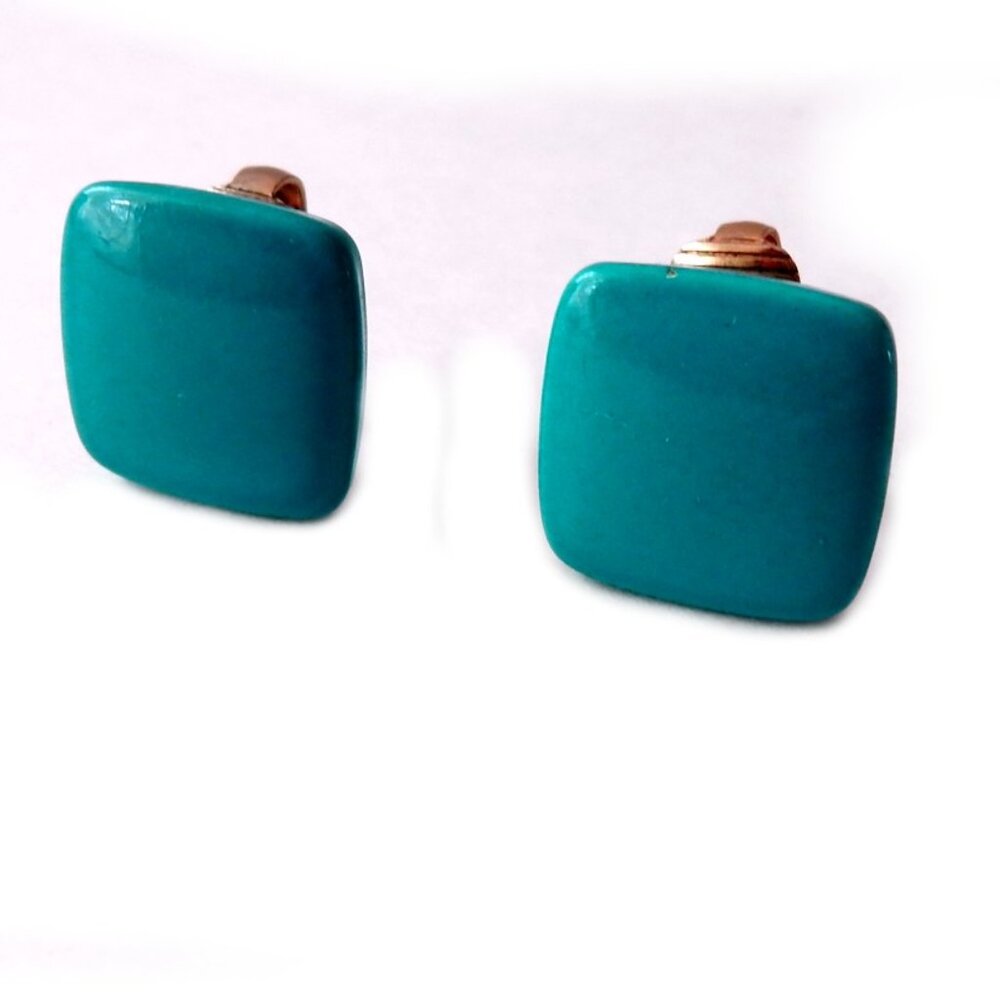 Vintage Retro Blue Enamel Metal Clip-on Earrings Mid Century